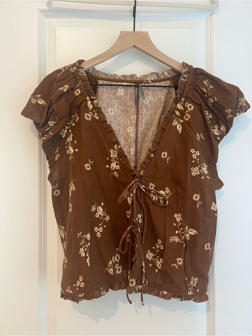 Anthropologie Brown Floral Tie-Front Peasant Blouse